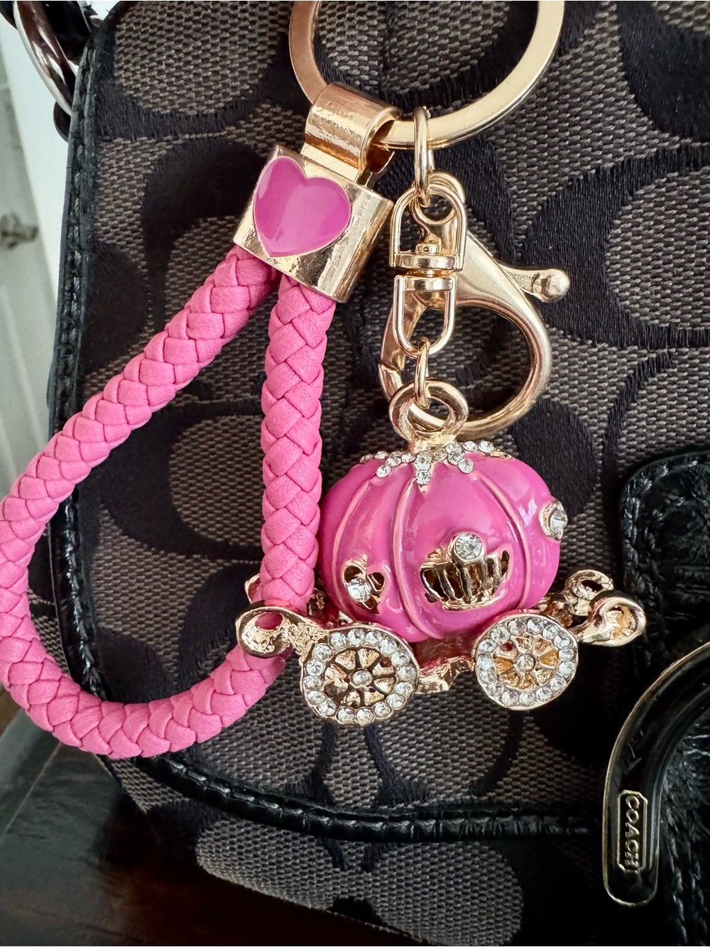 Pink Crystal Pumpkin Carriage Charm Heart Braided Wristlet Keychain NEW